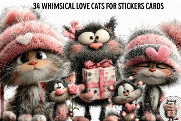 Whimsical Love Cats for Stickers Cards - Graphics & Illustrations