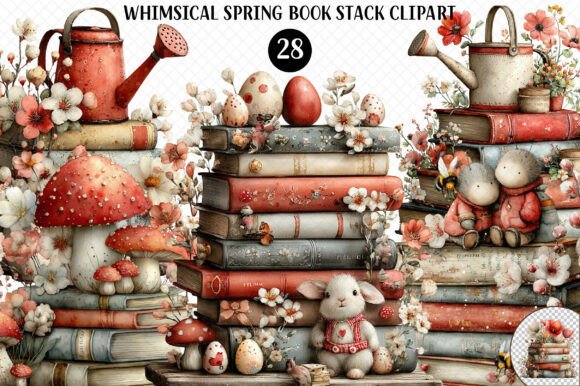 Whimsical Spring Book Stack Clipart for Website Graphics